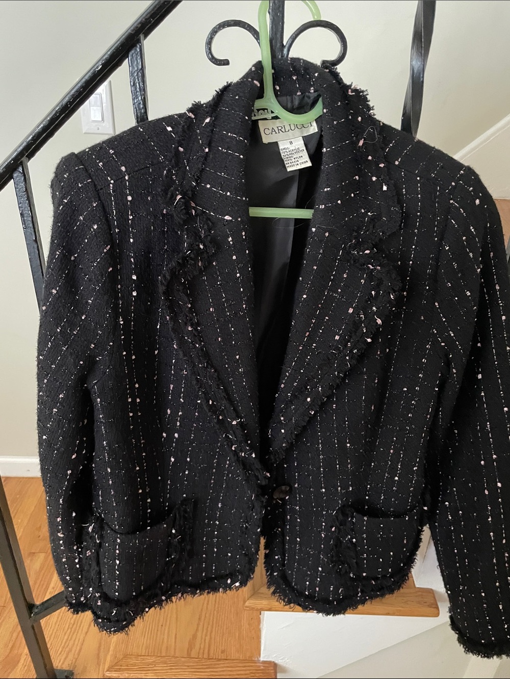 Black Tweed Fringe Suit Jacket with Pink Accent